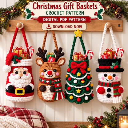 Christmas Gift Basket Crochet Pattern PDF | 4 Santa Reindeer Snowman Tree Bags