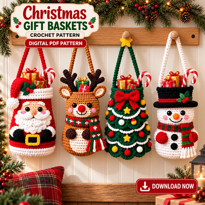 Christmas Gift Basket Crochet Pattern PDF | 4 Santa Reindeer Snowman Tree Bags