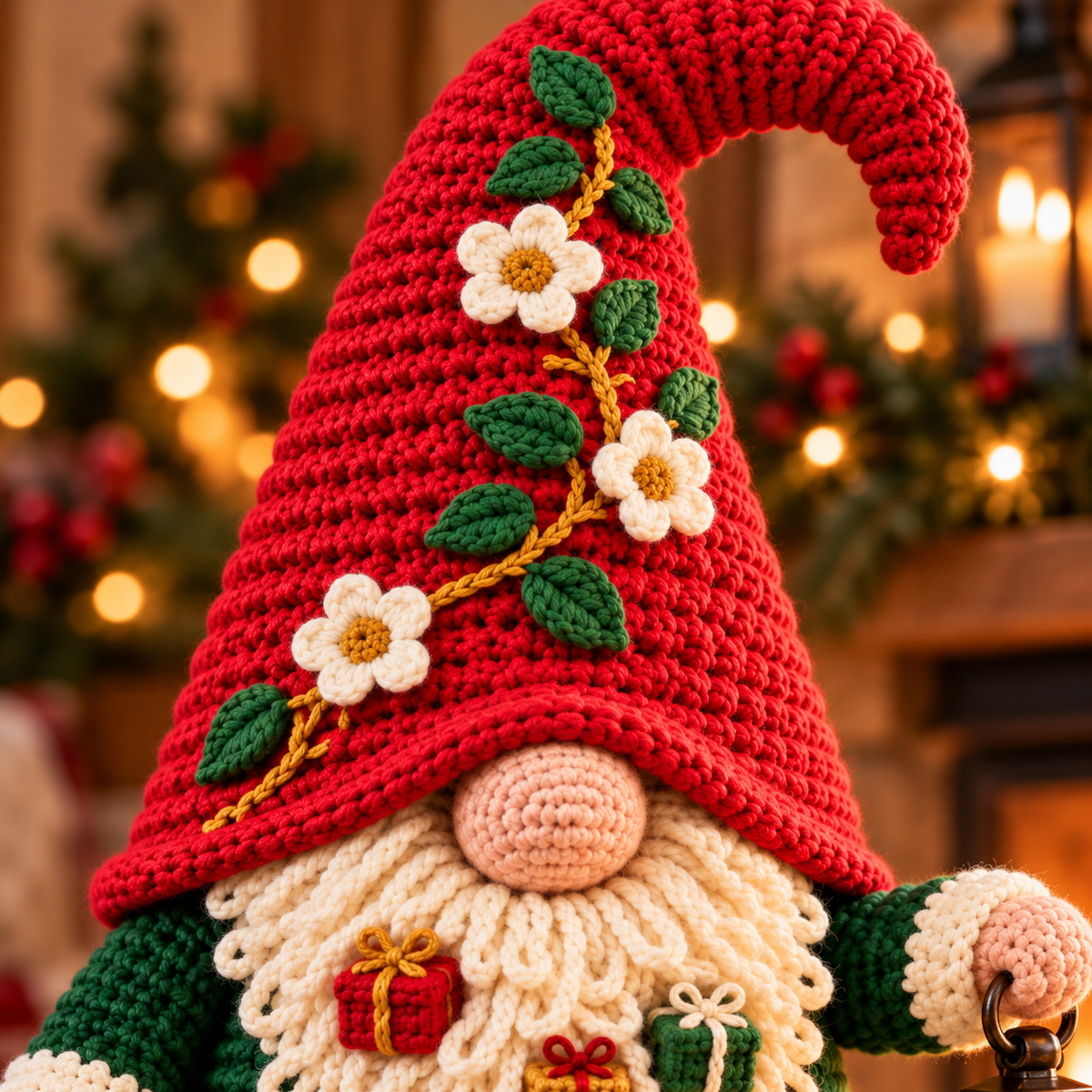 Christmas Lantern Gnome Crochet Pattern PDF | Floral Hat Amigurumi