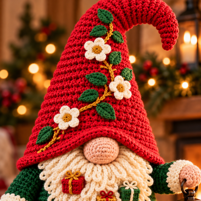 Christmas Lantern Gnome Crochet Pattern PDF | Floral Hat Amigurumi