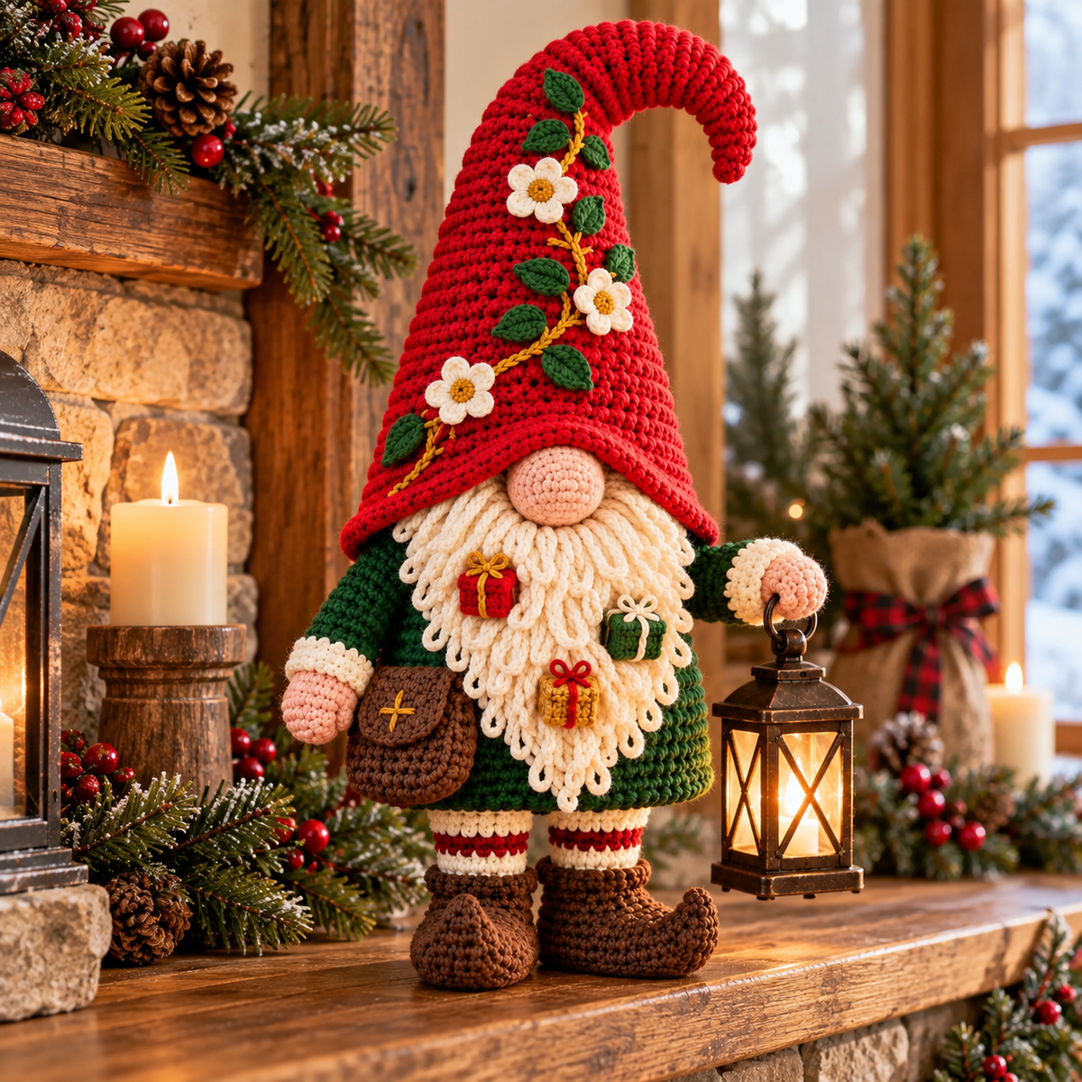 Christmas Lantern Gnome Crochet Pattern PDF | Floral Hat Amigurumi