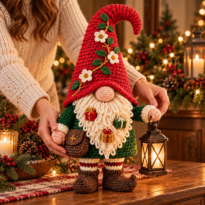 Christmas Lantern Gnome Crochet Pattern PDF | Floral Hat Amigurumi