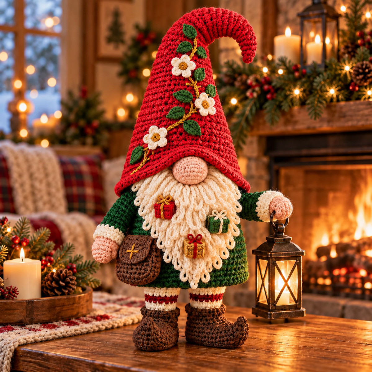 Christmas Lantern Gnome Crochet Pattern PDF | Floral Hat Amigurumi