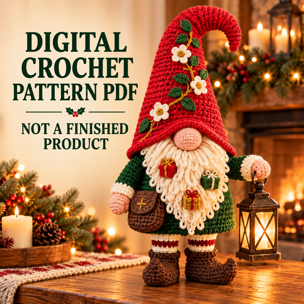 Christmas Lantern Gnome Crochet Pattern PDF | Floral Hat Amigurumi