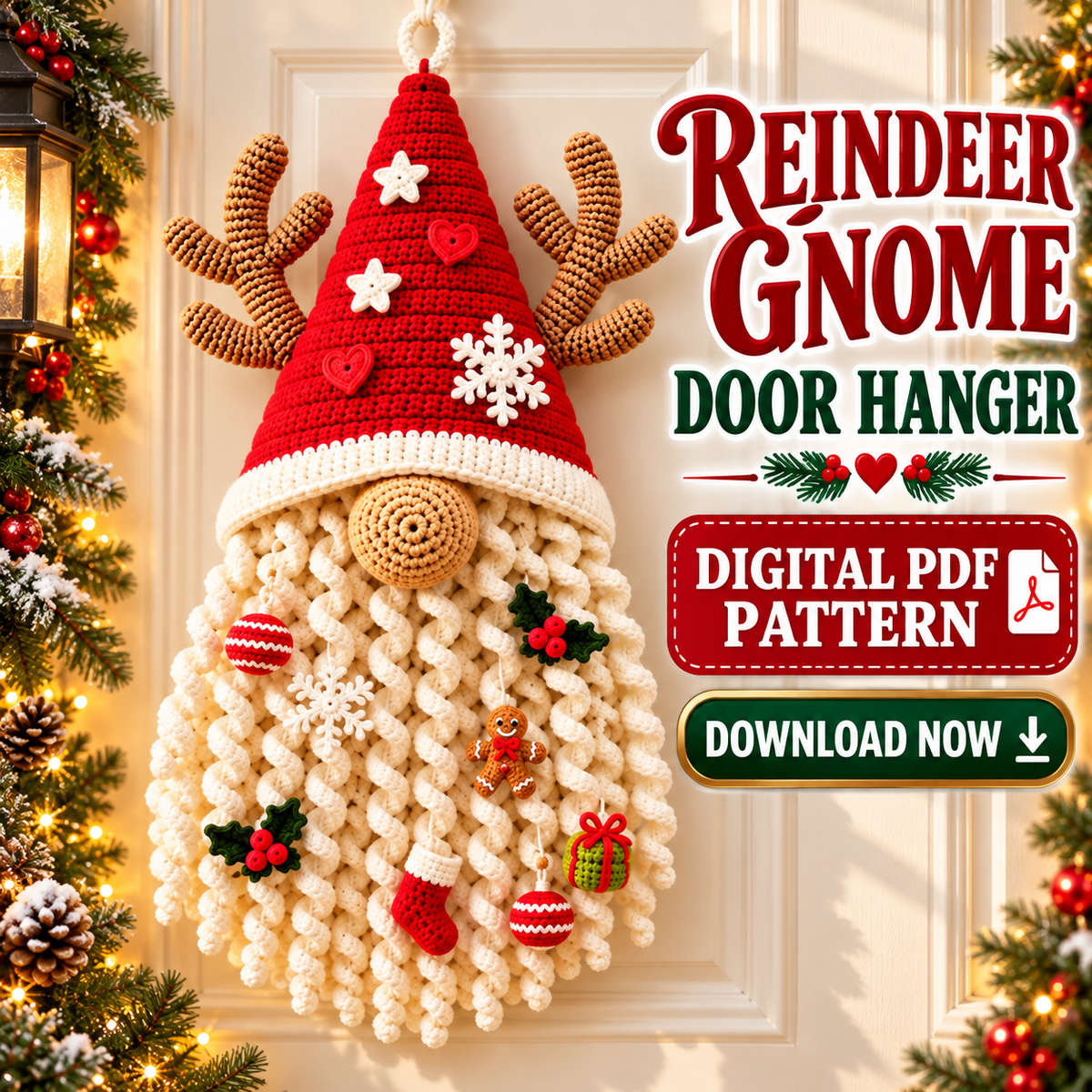 Christmas Gnome Door Hanger Crochet Pattern PDF | Santa Reindeer Wall Decor