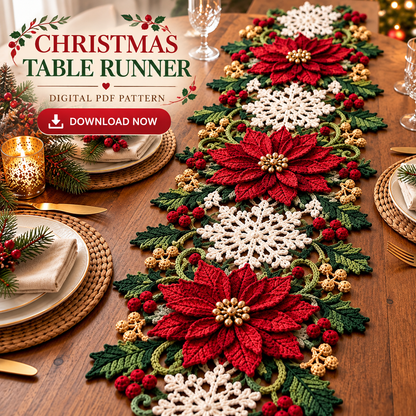Poinsettia Snowflake Crochet Table Runner Pattern PDF | Christmas Table Decor
