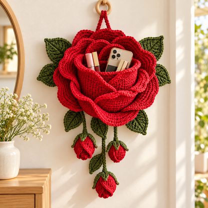 Crochet Rose Wall Organizer Pattern PDF | 3D Flower Hanging Storage