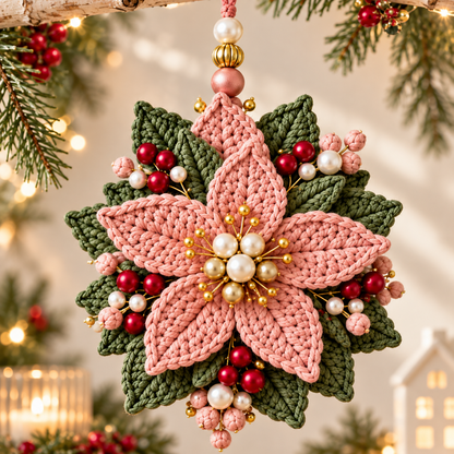 Beaded Poinsettia Crochet Pattern PDF | 3 Christmas Flower Ornaments