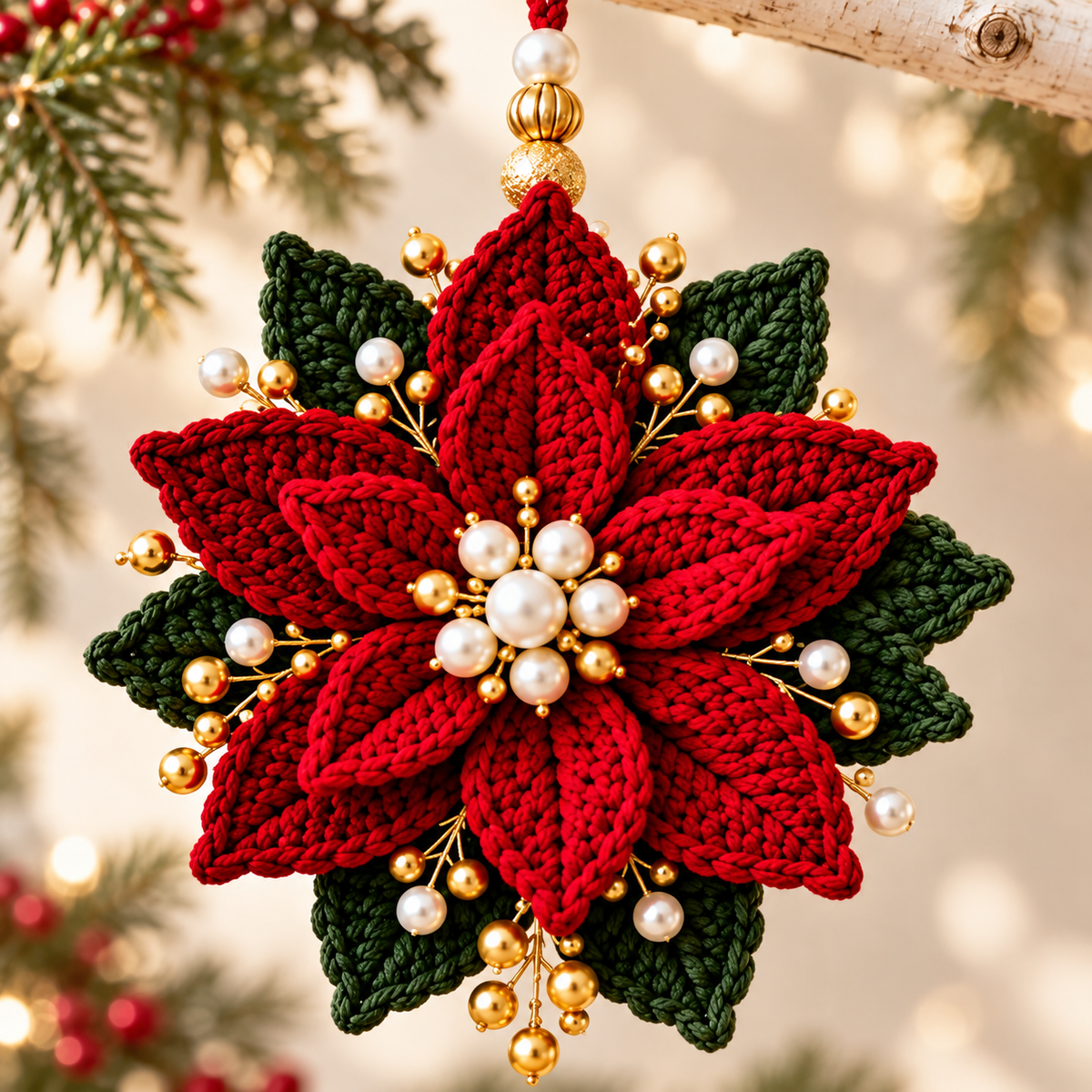 Beaded Poinsettia Crochet Pattern PDF | 3 Christmas Flower Ornaments