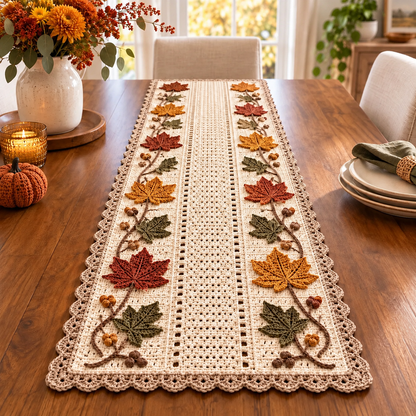 Autumn Maple Leaf Table Runner Crochet Pattern PDF | Fall Acorn Decor