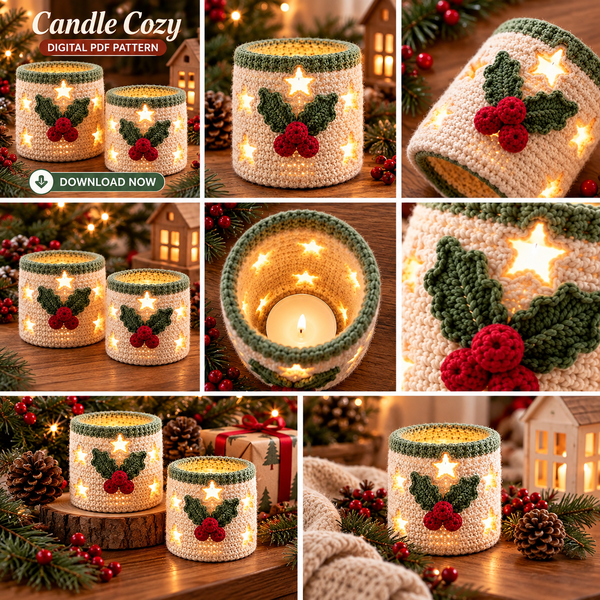 Christmas Candle Cozy Crochet Pattern PDF | Star Cut-Out Holly Votive Cover