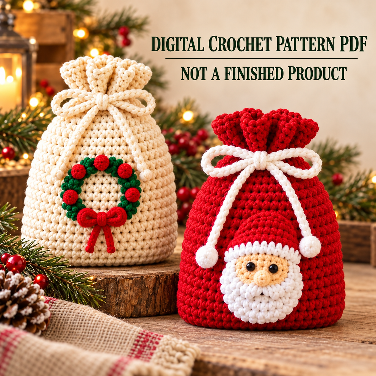 Christmas Drawstring Gift Bag Crochet Pattern PDF | Holiday Treat Pouches