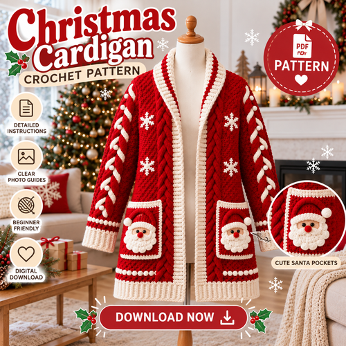 Santa Pocket Cardigan Crochet Pattern PDF | Christmas Cable Sweater S–3XL