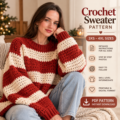 Striped Crochet Sweater Pattern PDF | Oversized Pullover 3XS–4XL