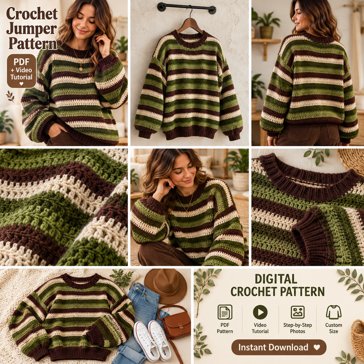 Striped Crochet Jumper Pattern PDF | Custom Size Sweater with Video Tutorial