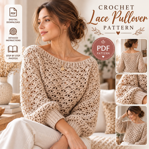 Openwork Crochet Pullover Pattern PDF | Lace Balloon Sleeve Sweater