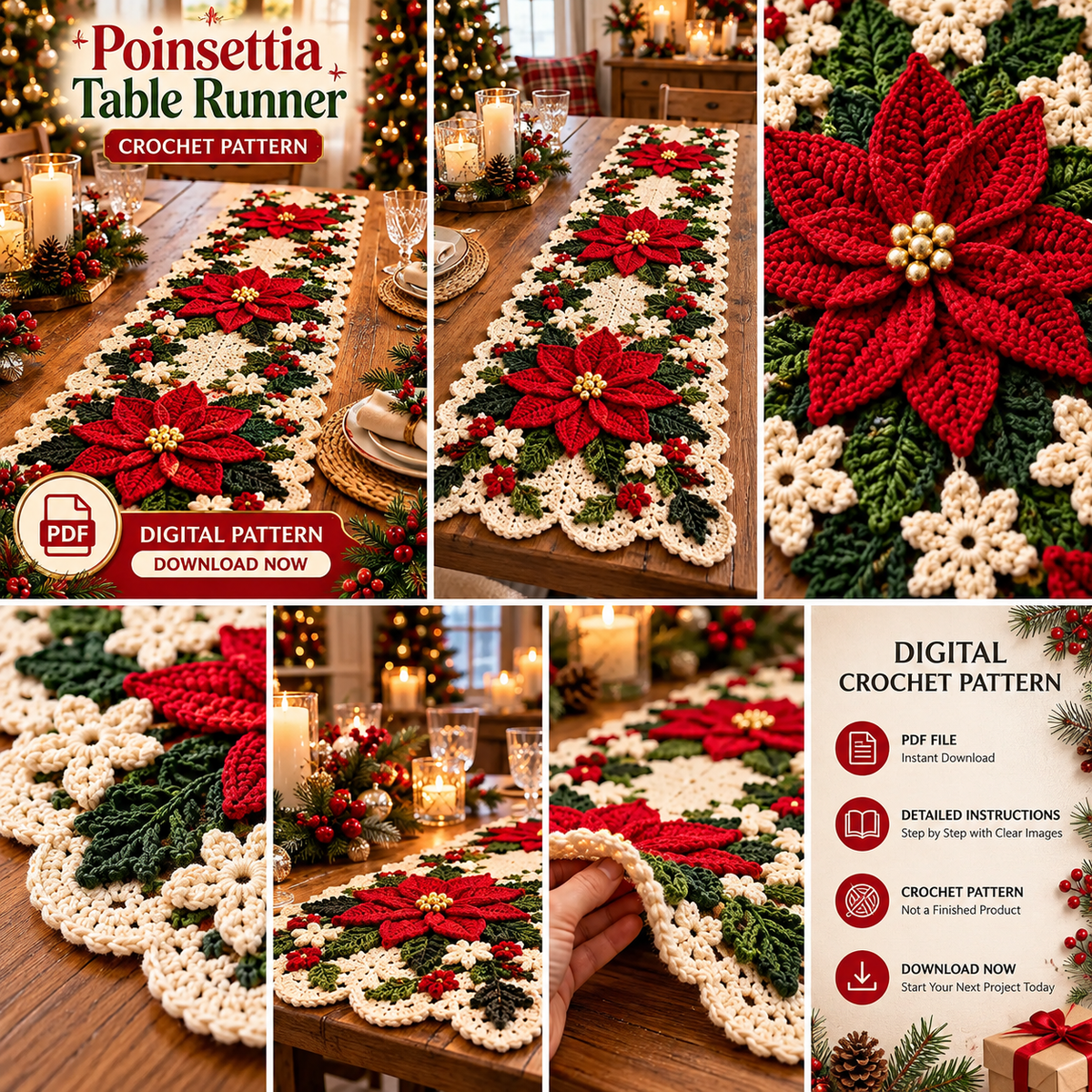 Christmas Poinsettia Table Runner Crochet Pattern PDF | Floral Holiday Decor
