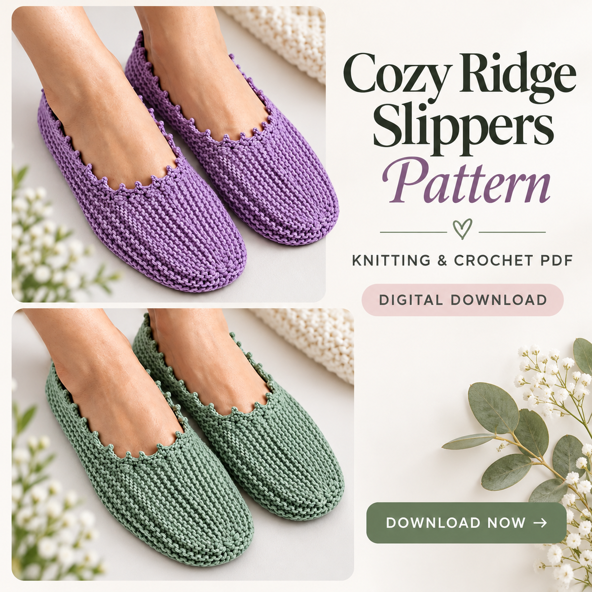 Cozy Ridge Knit Slippers Pattern PDF | Women's House Slippers with Crochet Edging