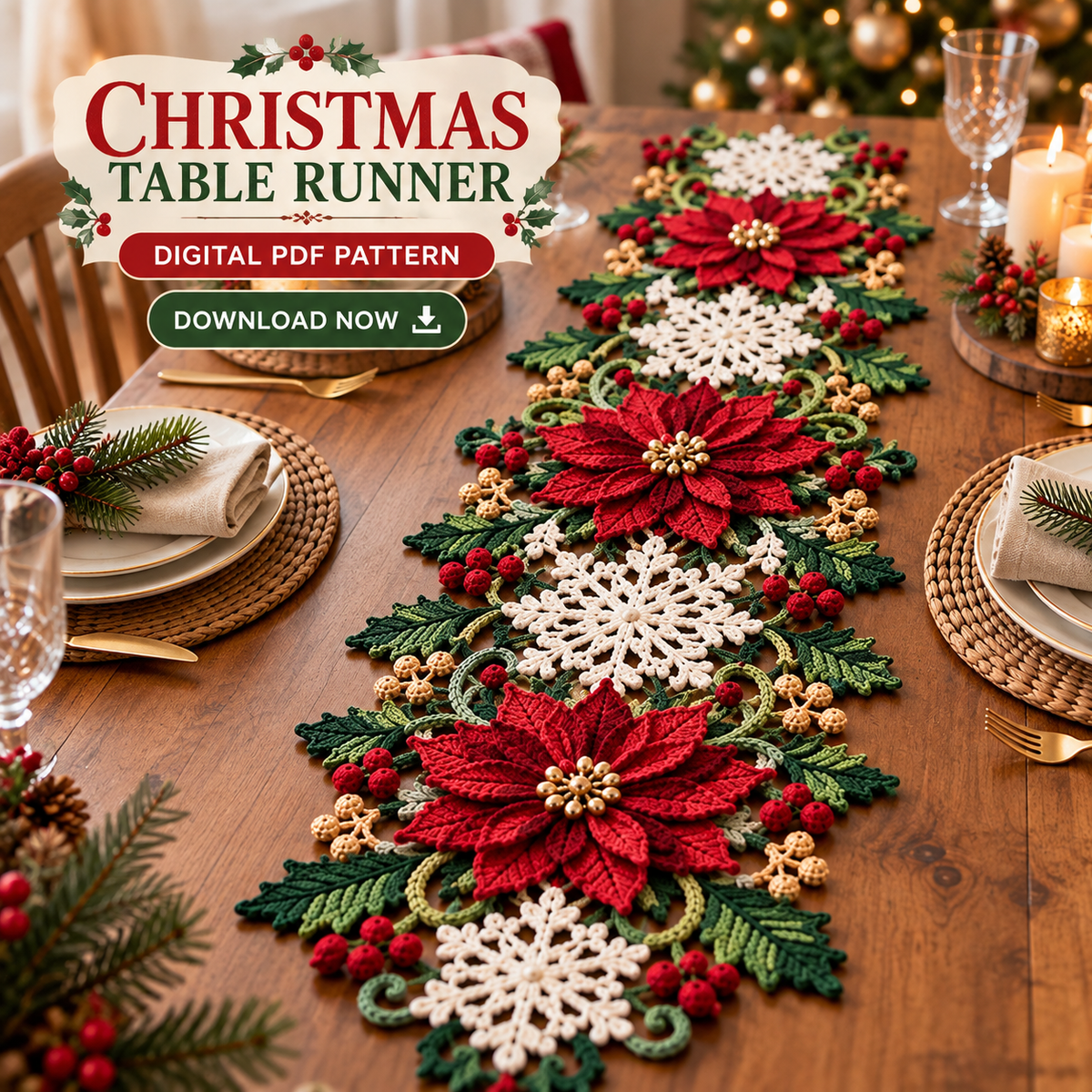 Poinsettia Snowflake Crochet Table Runner Pattern PDF | Christmas Table Decor