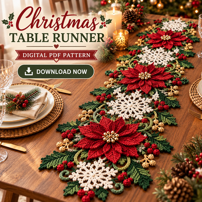 Poinsettia Snowflake Crochet Table Runner Pattern PDF | Christmas Table Decor