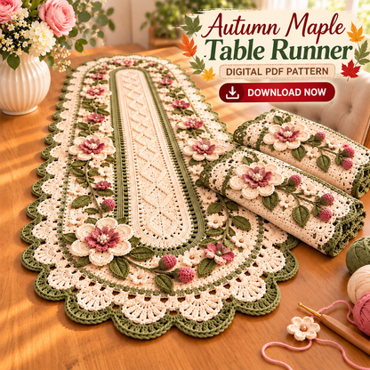 Rose Table Runner Crochet Pattern PDF | 3-Piece Floral Table Decor Set