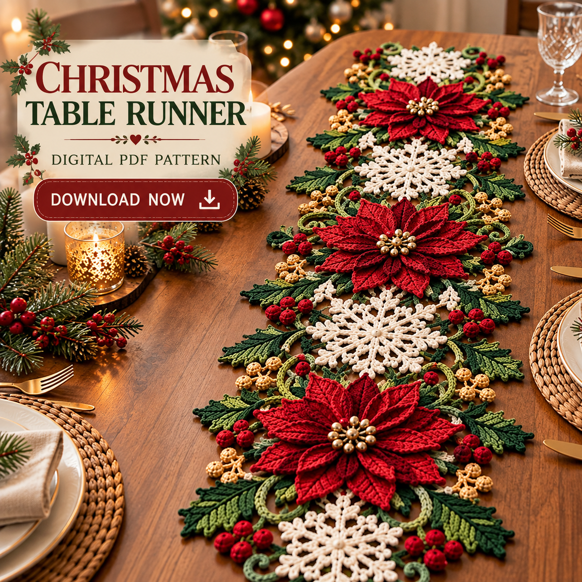 Poinsettia Snowflake Crochet Table Runner Pattern PDF | Christmas Table Decor