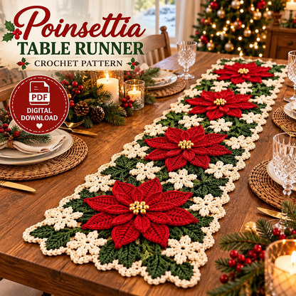 Christmas Poinsettia Table Runner Crochet Pattern PDF | Floral Holiday Decor