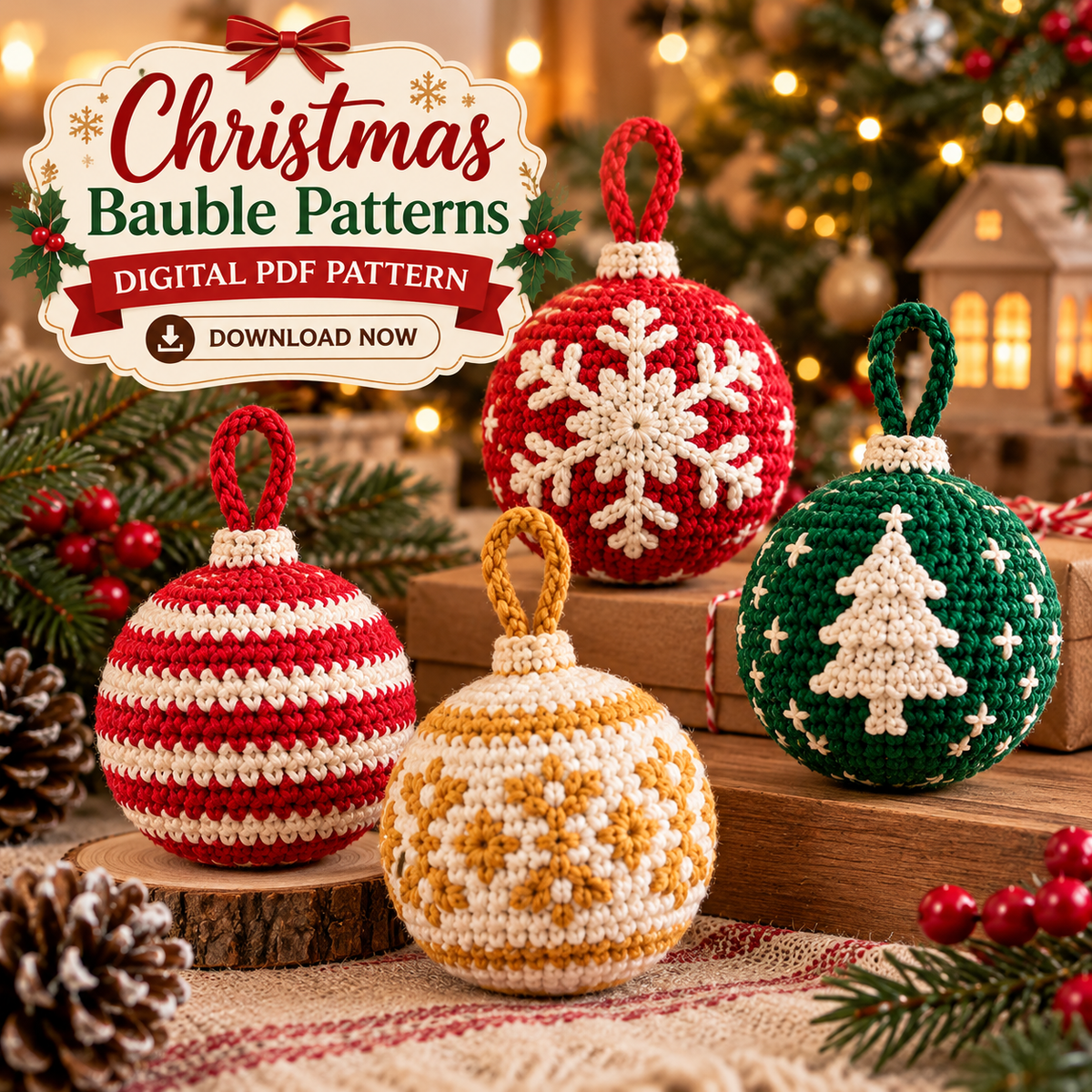 4-in-1 Christmas Bauble Crochet Pattern PDF | Holiday Tree Ornaments