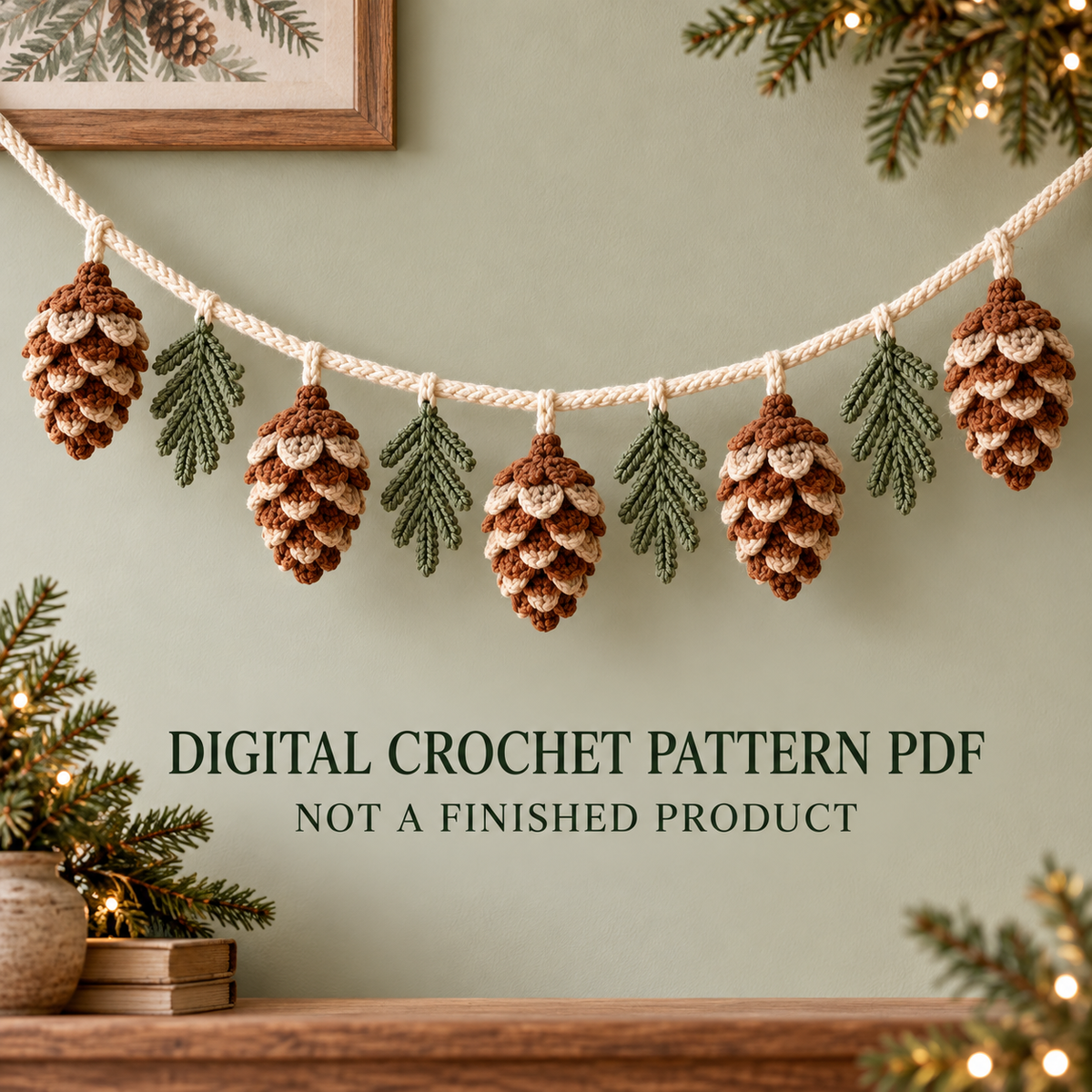 Pinecone Christmas Garland Crochet Pattern PDF | Evergreen Mantel Decor