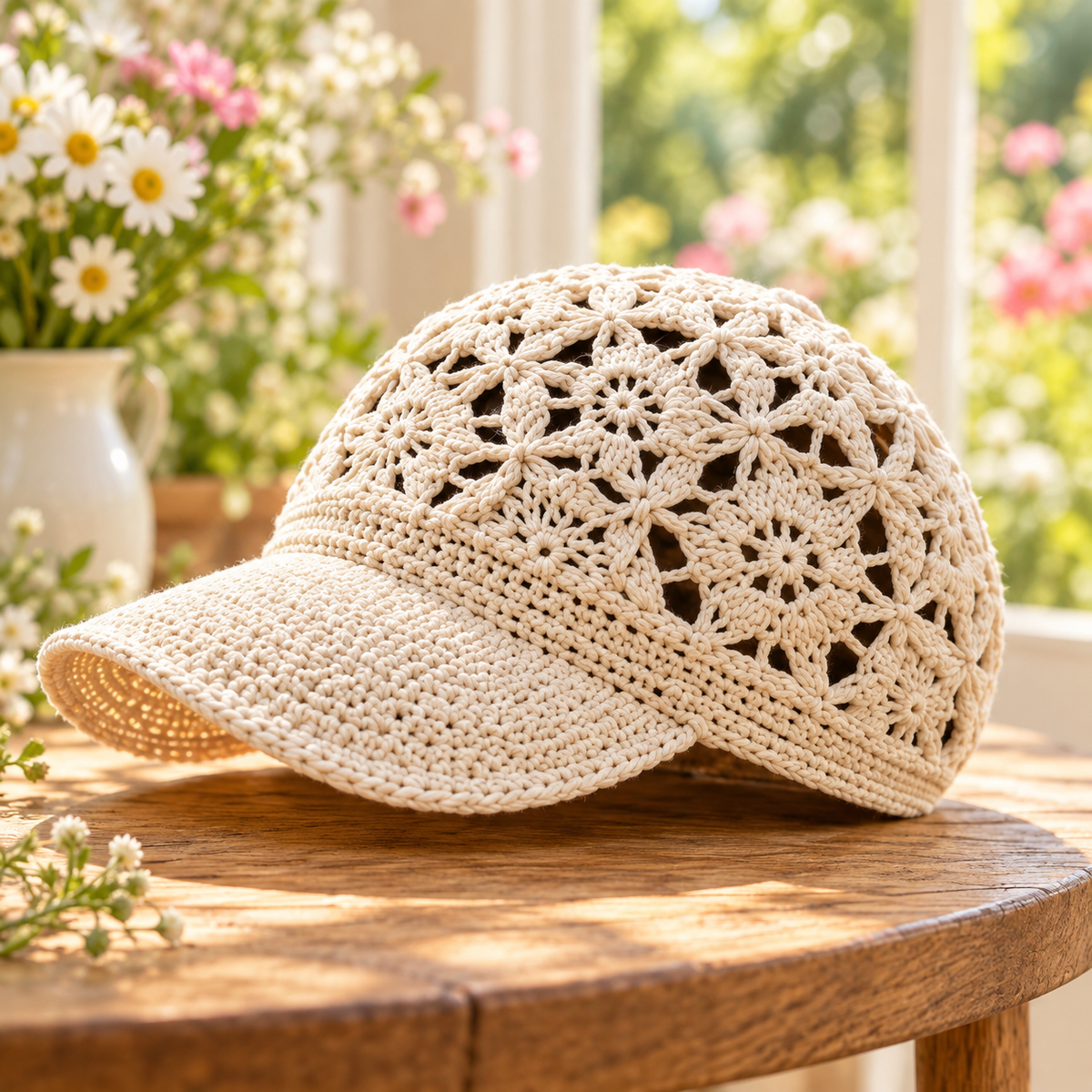 Floral Lace Crochet Newsboy Cap Pattern PDF | Summer Flower Hat