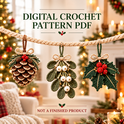 Woodland Christmas Ornament Crochet Pattern Bundle PDF | Pinecone, Mistletoe & Holly