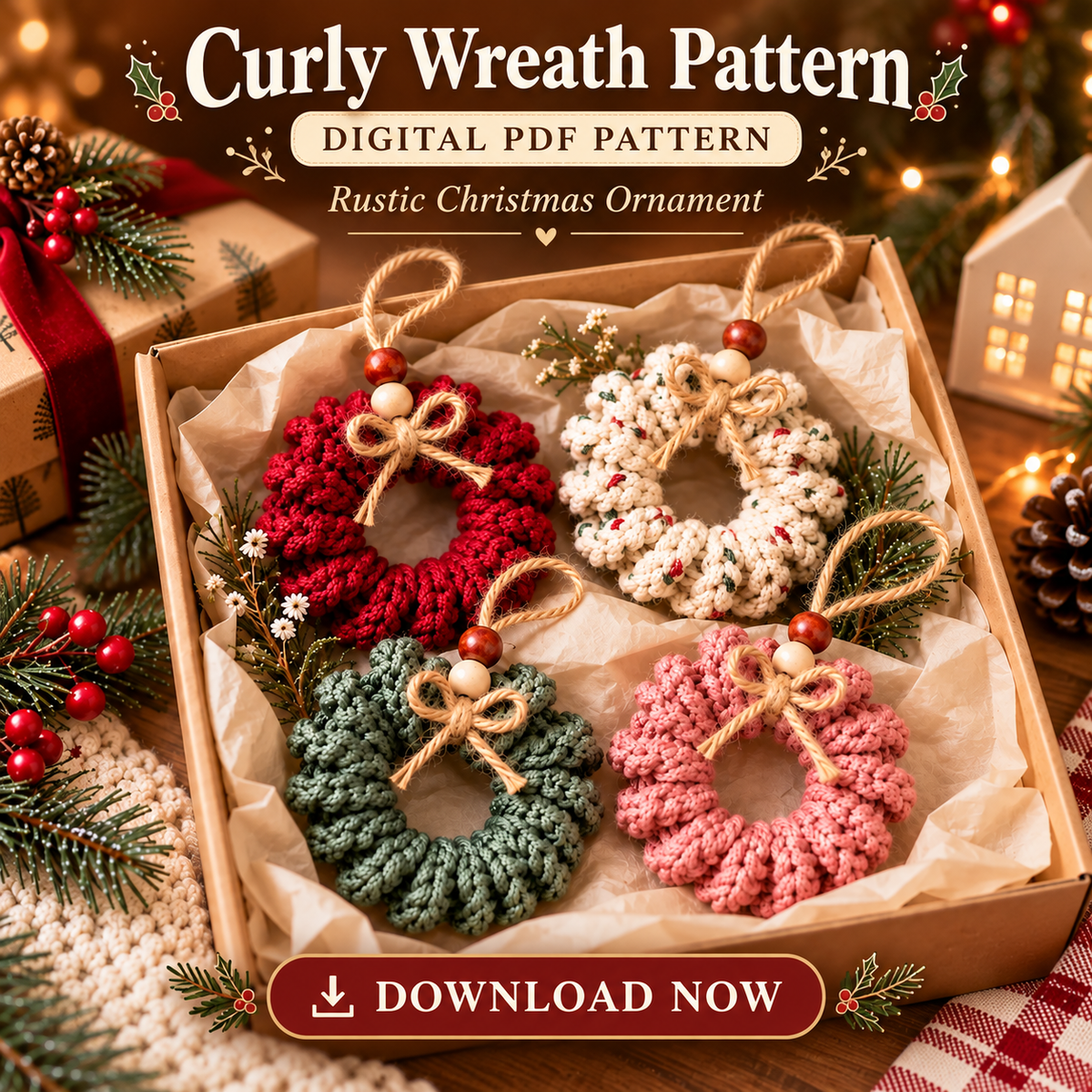 Mini Curly Wreath Crochet Pattern PDF | Rustic Christmas Tree Ornament