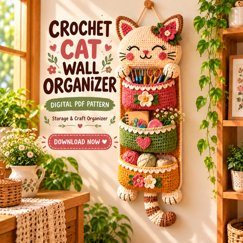 Crochet Cat Wall Organizer Pattern PDF | 3-Pocket Hanging Storage Basket