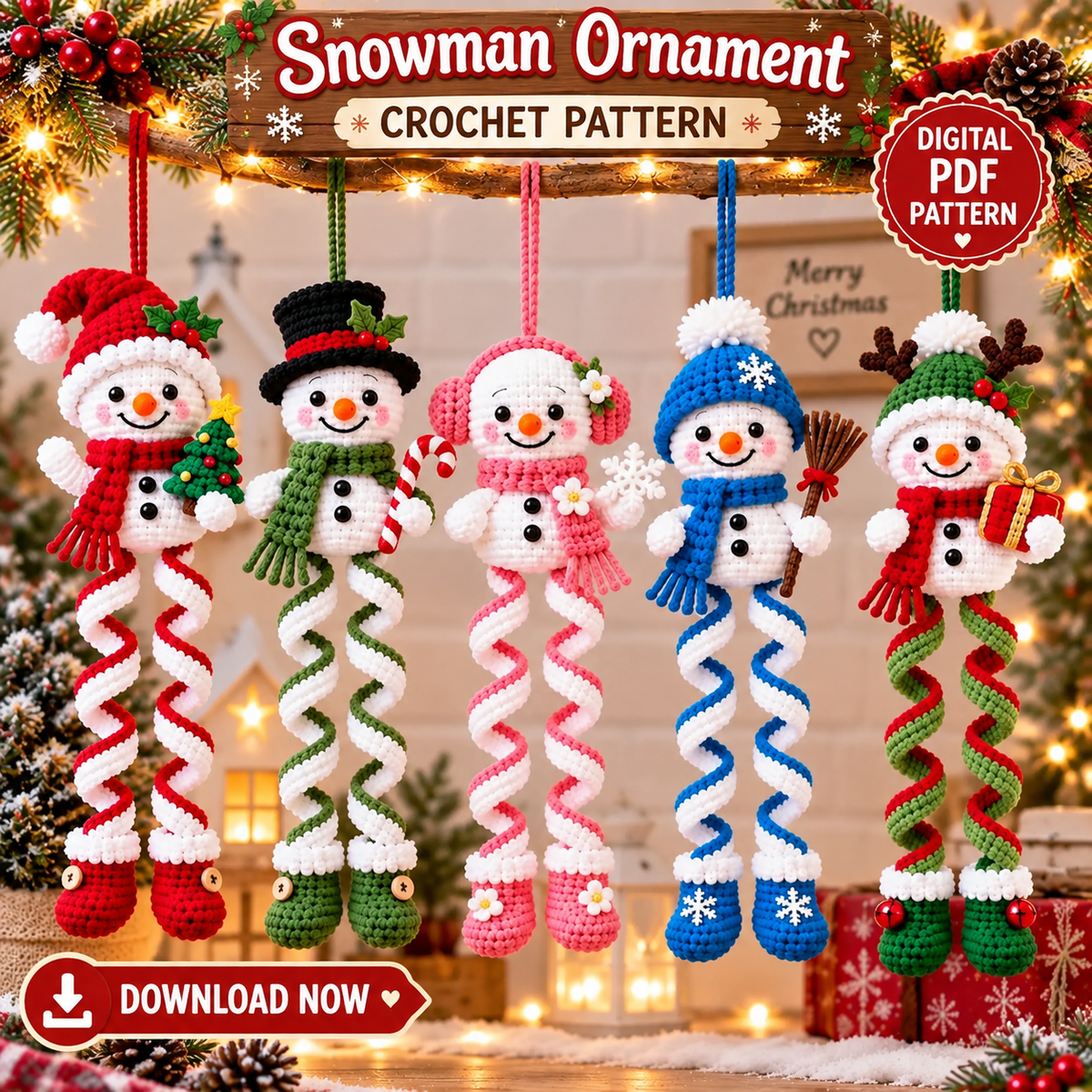 Spiral Snowman Ornament Crochet Pattern PDF | Christmas Hanging Decor