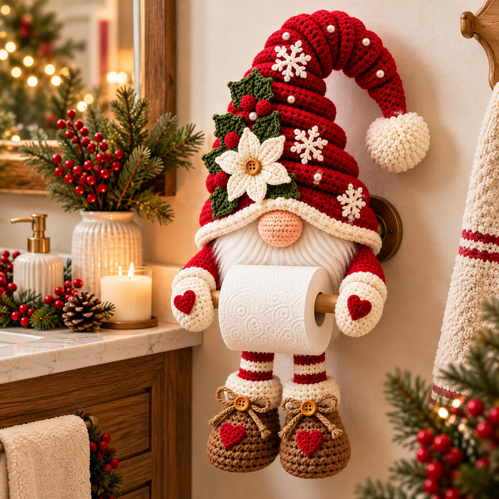 Christmas Gnome Toilet Paper Holder Crochet Pattern PDF | Holiday Bathroom Decor