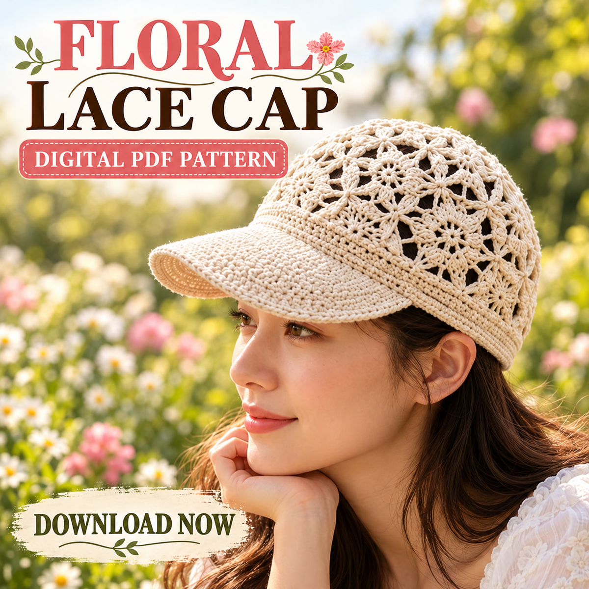 Floral Lace Crochet Newsboy Cap Pattern PDF | Summer Flower Hat