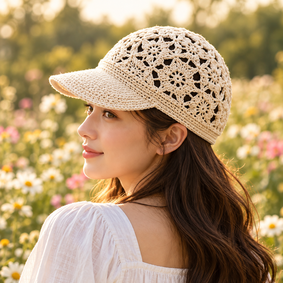 Floral Lace Crochet Newsboy Cap Pattern PDF | Summer Flower Hat