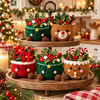 Christmas Character Pot Crochet Pattern PDF | 5 Festive Amigurumi Designs