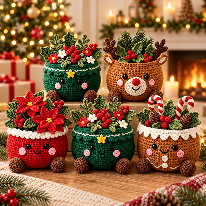 Christmas Character Pot Crochet Pattern PDF | 5 Festive Amigurumi Designs