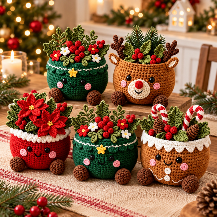 Christmas Character Pot Crochet Pattern PDF | 5 Festive Amigurumi Designs