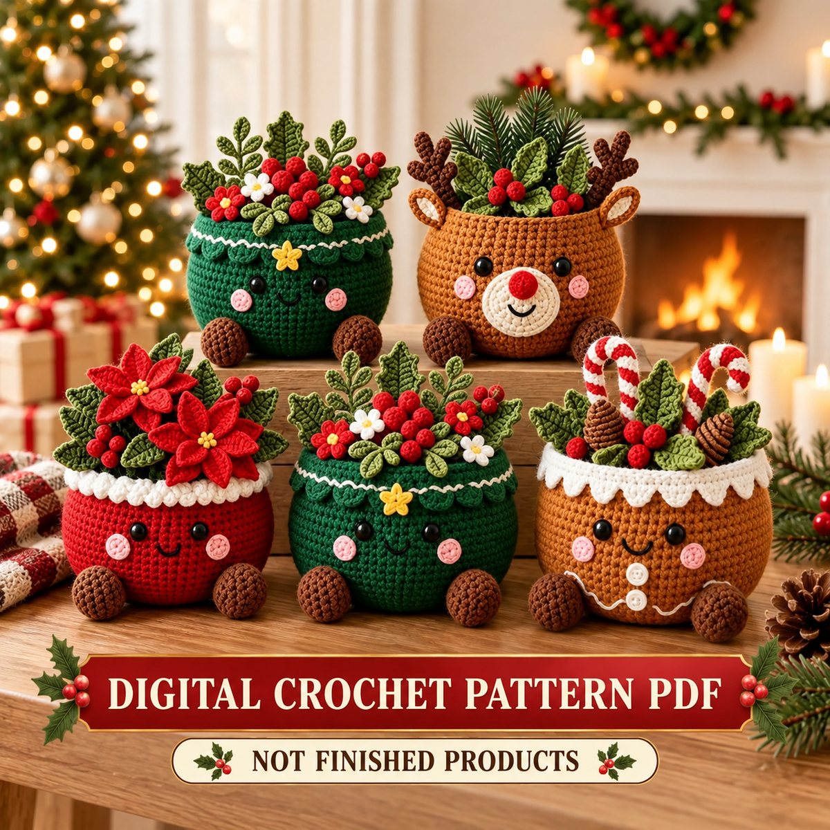Christmas Character Pot Crochet Pattern PDF | 5 Festive Amigurumi Designs