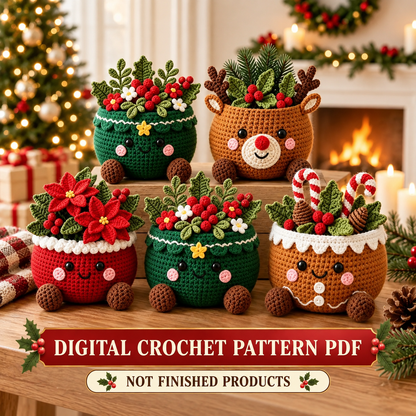 Christmas Character Pot Crochet Pattern PDF | 5 Festive Amigurumi Designs