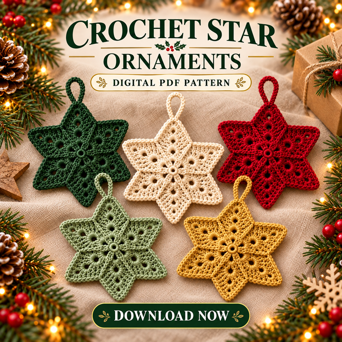 Crochet Christmas Star Ornament Pattern PDF | 5 Holiday Colors