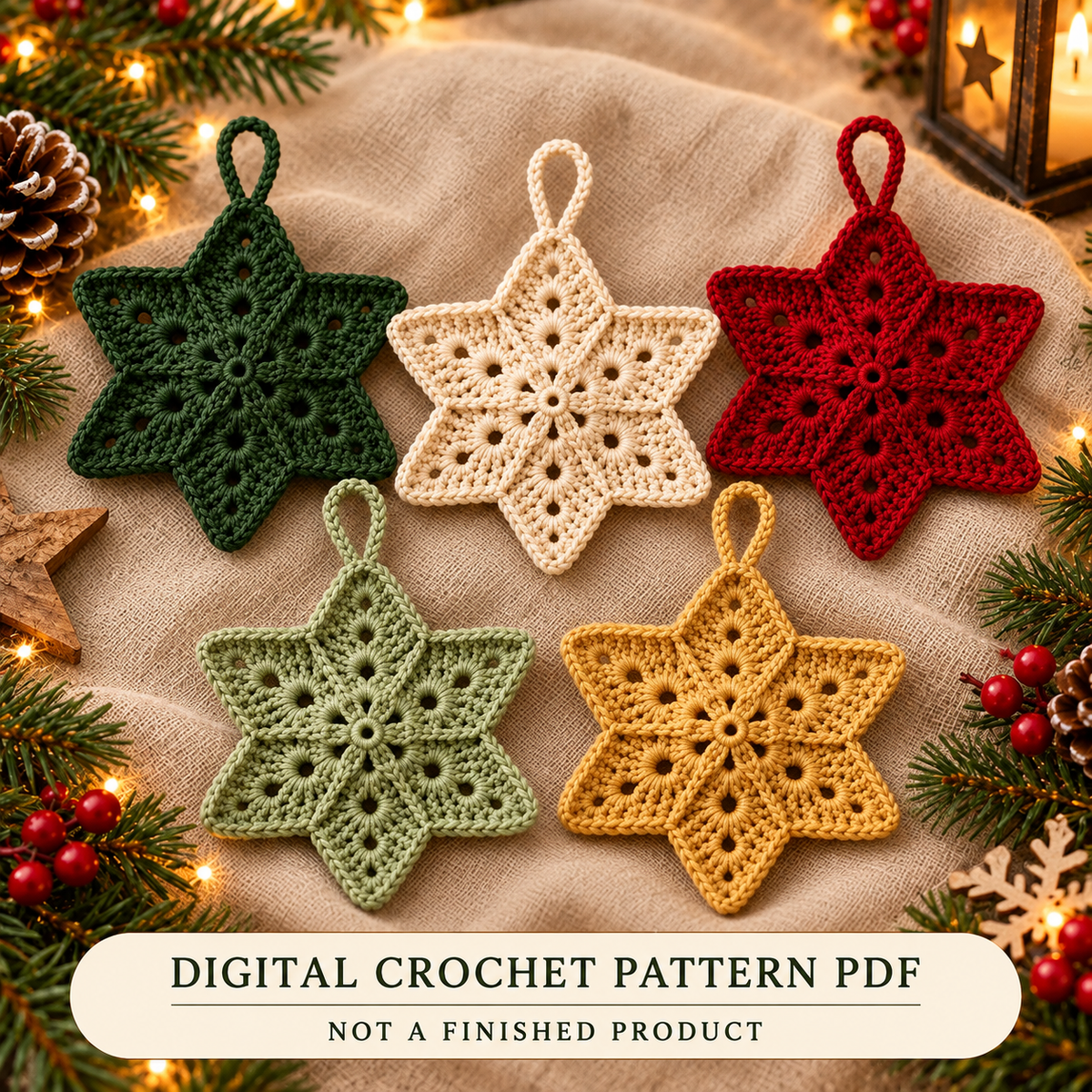 Crochet Christmas Star Ornament Pattern PDF | 5 Holiday Colors