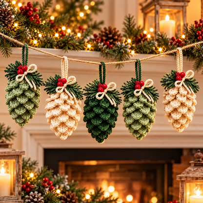 Crochet Pinecone Garland Pattern PDF | Rustic Christmas Ornaments