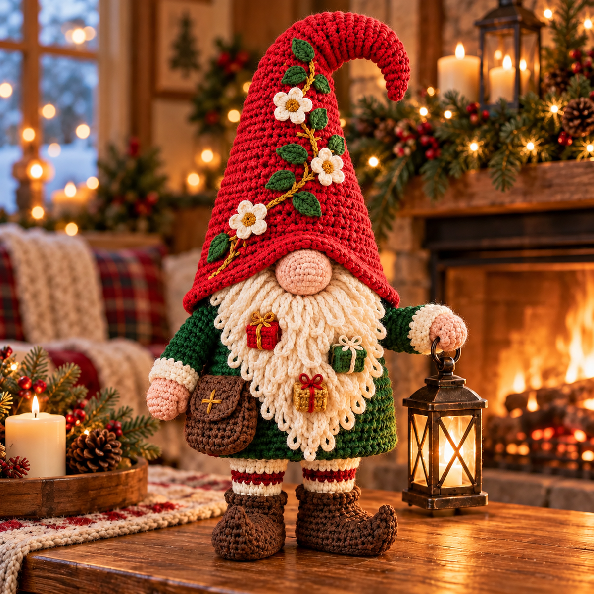 Christmas Lantern Gnome Crochet Pattern PDF | Floral Hat Amigurumi