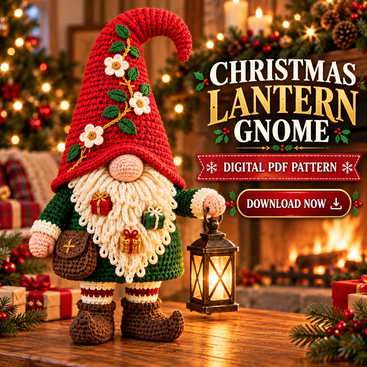 Christmas Lantern Gnome Crochet Pattern PDF | Floral Hat Amigurumi
