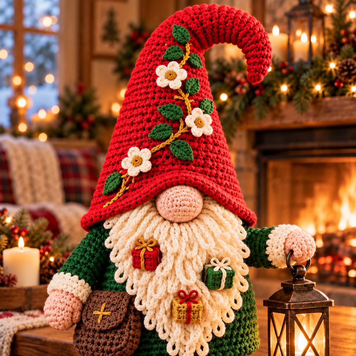 Christmas Lantern Gnome Crochet Pattern PDF | Floral Hat Amigurumi