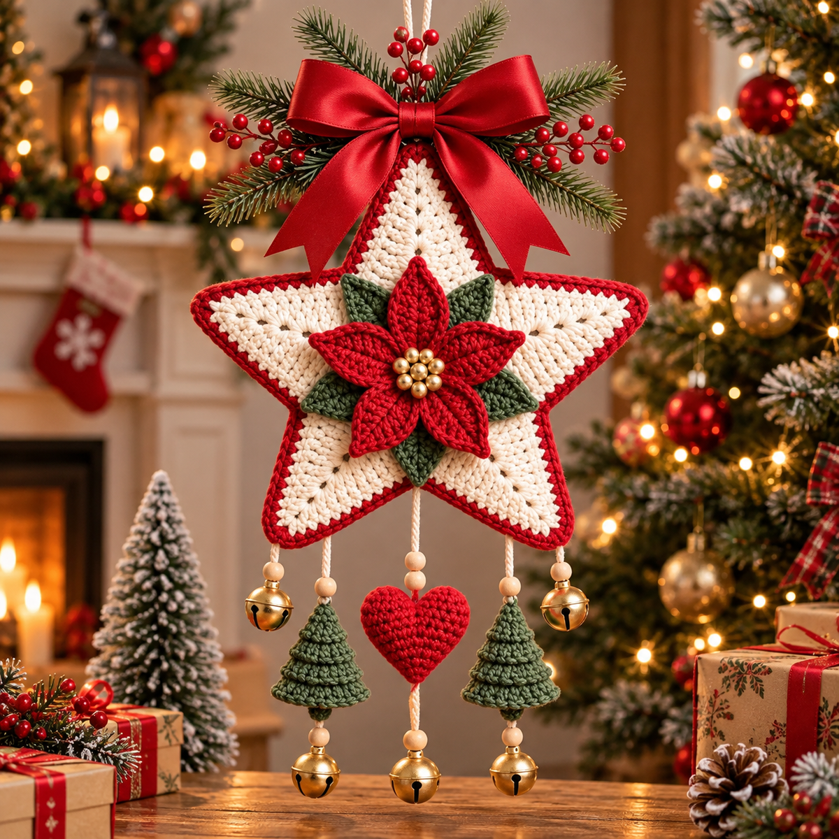 Crochet Poinsettia Star Ornament Pattern PDF | Christmas Wall Hanging