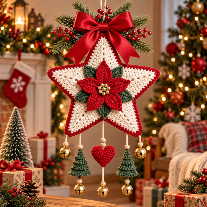 Crochet Poinsettia Star Ornament Pattern PDF | Christmas Wall Hanging